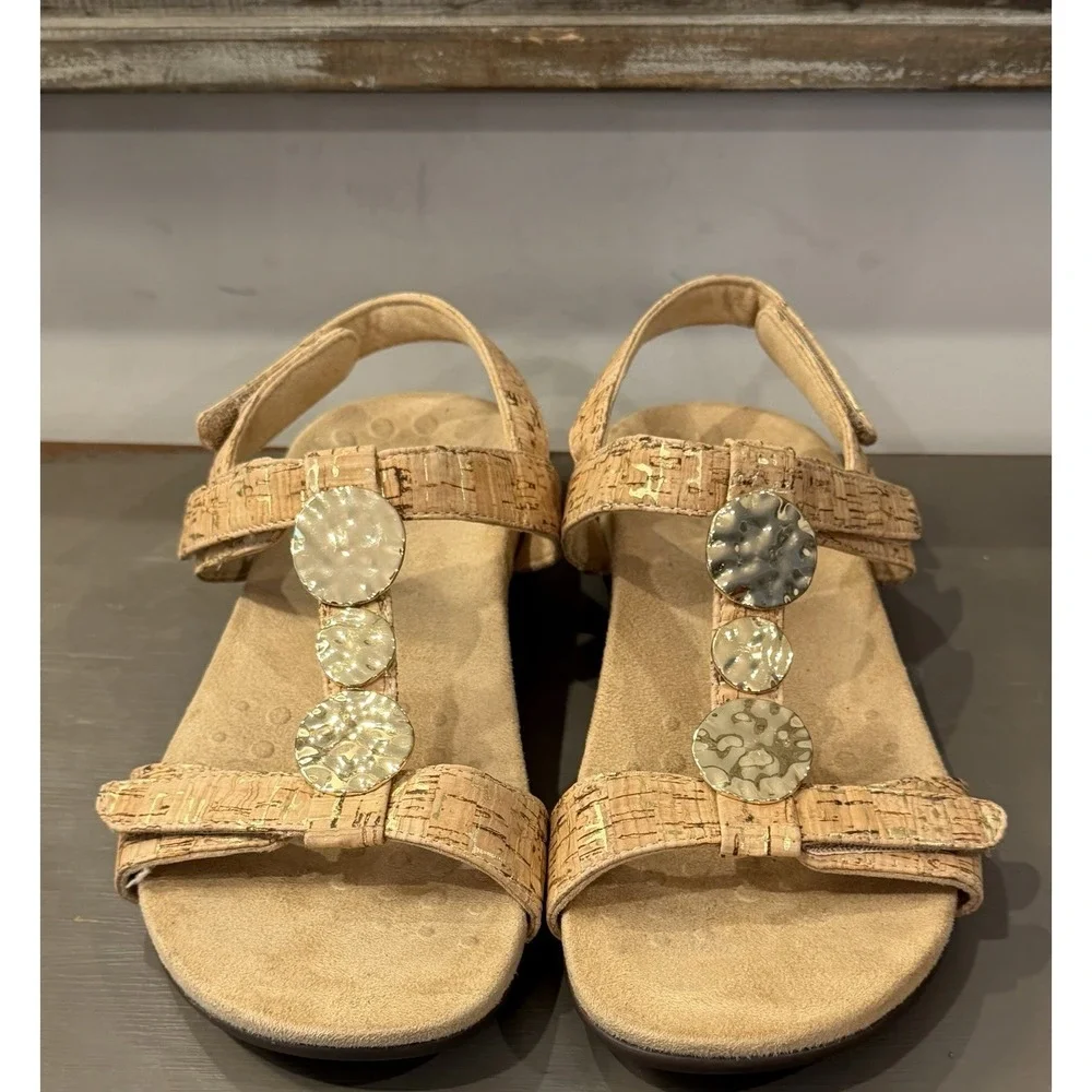 Vionic Sandals Womens Sz 7.5 Tan Cork Farra Ankle Strap Orthotic Comfort Footbed